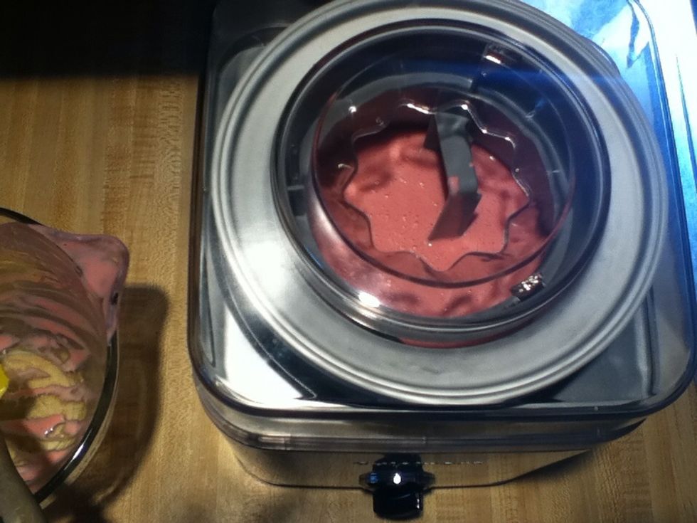 Follow the instructions for your ice cream machine. Slowly pour in yogurt.