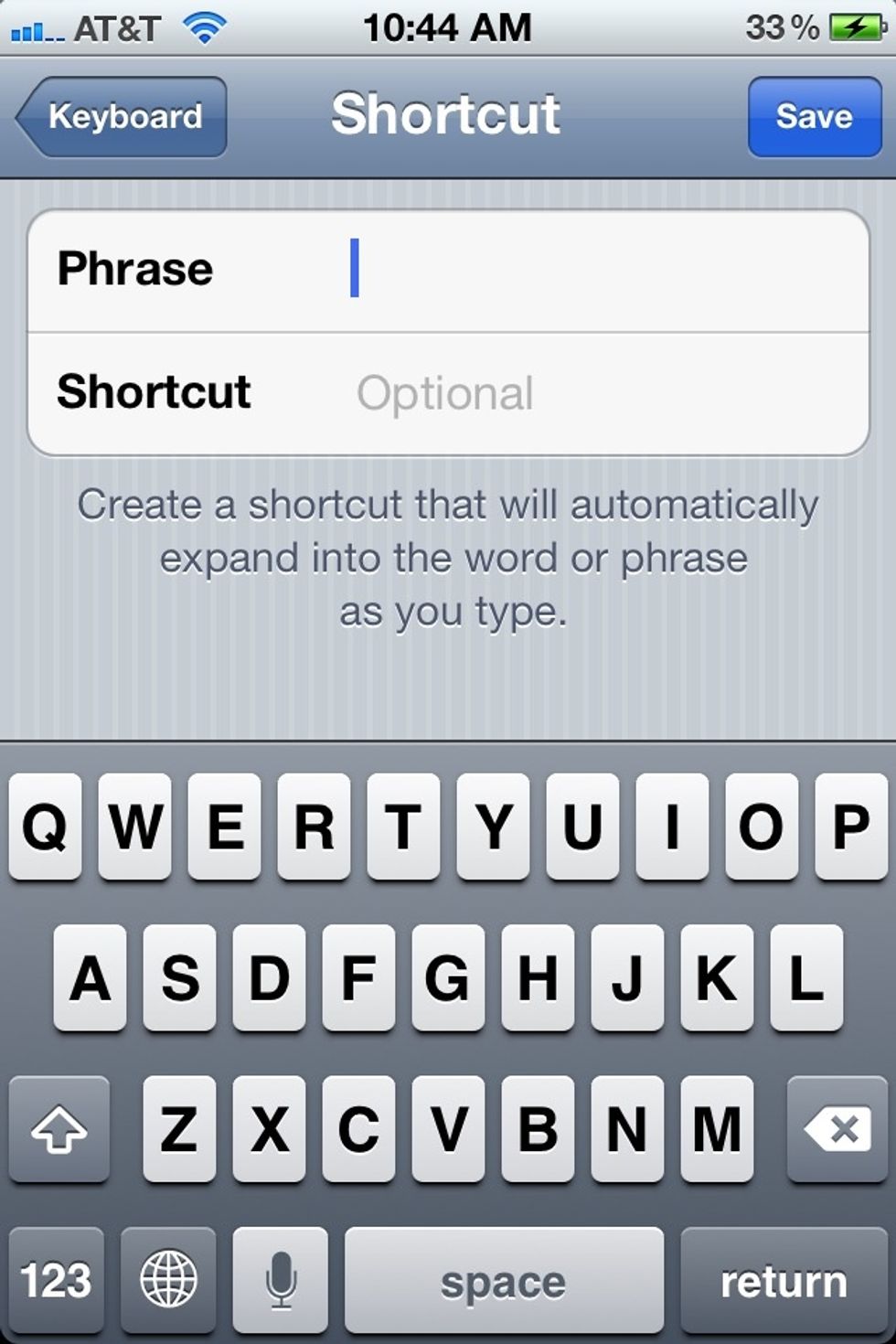 Follow this path: Settings > General > Keyboard > Add New Shortcut...