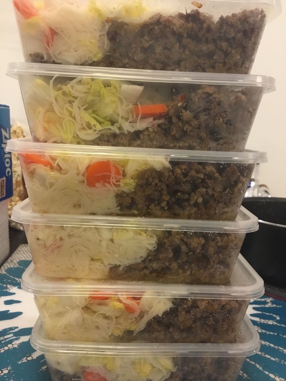 Follow with all containers. They can now be stored in the fridge and taken as meals for the week. Continue to next step for eating preparation. Because there is lime juice in the salad lasts 8 days.