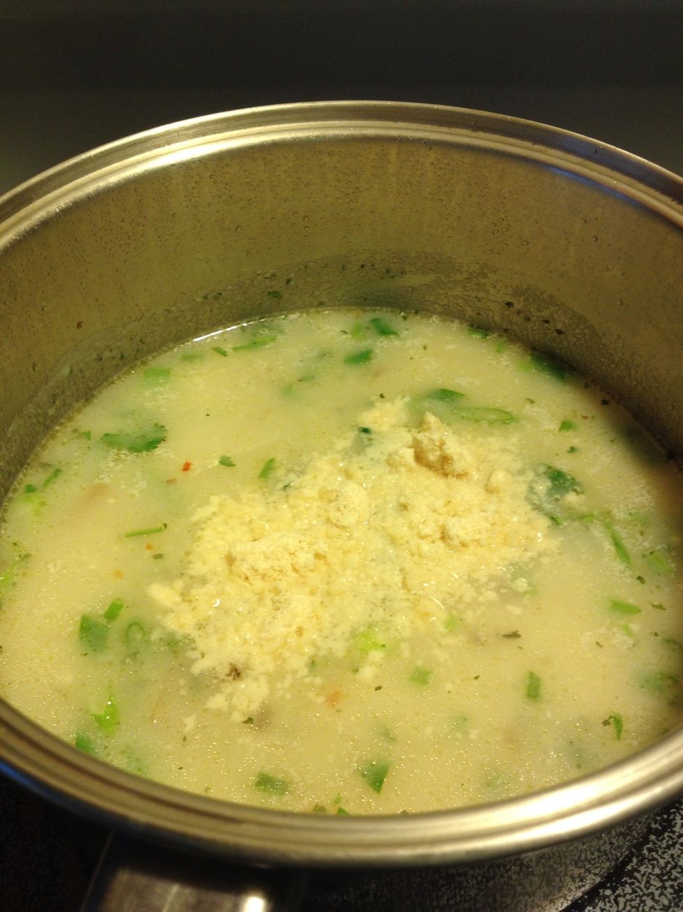 Followed by the parmesans cheese! Check the salt, and add accordingly.