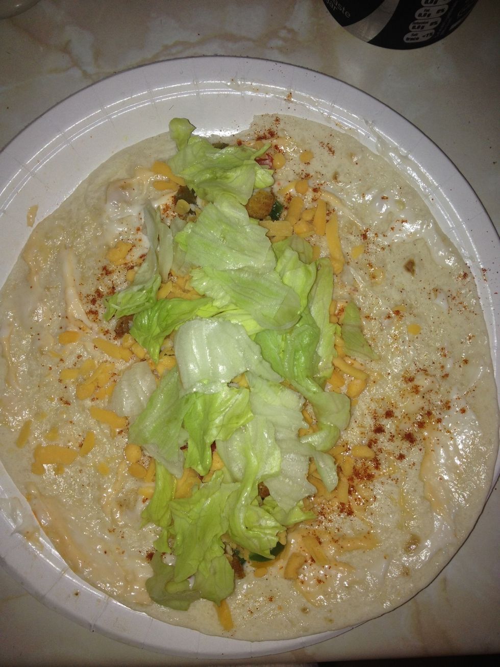 Followed by your lettuce and cheese. If you have cooked chicken , put this in now also, mine is on here but covered by the lettuce and cheese.