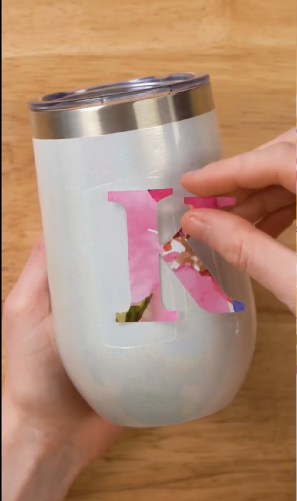 Following instructions on Mod Podge, apply letter to tumbler with Mod Podge Dishwasher Safe. Let dry.