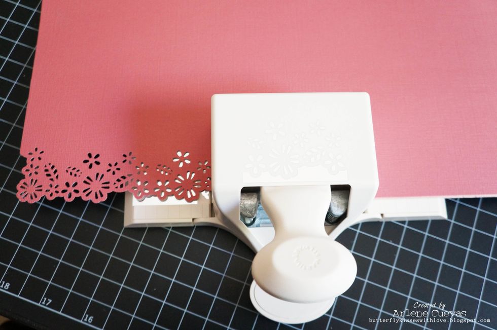 Following the instructions for the Martha Stewart punch set, punch along all 4 edges/corners of the card stock. If you don't have a punch set, you could choose to leave the edges as is or distress.