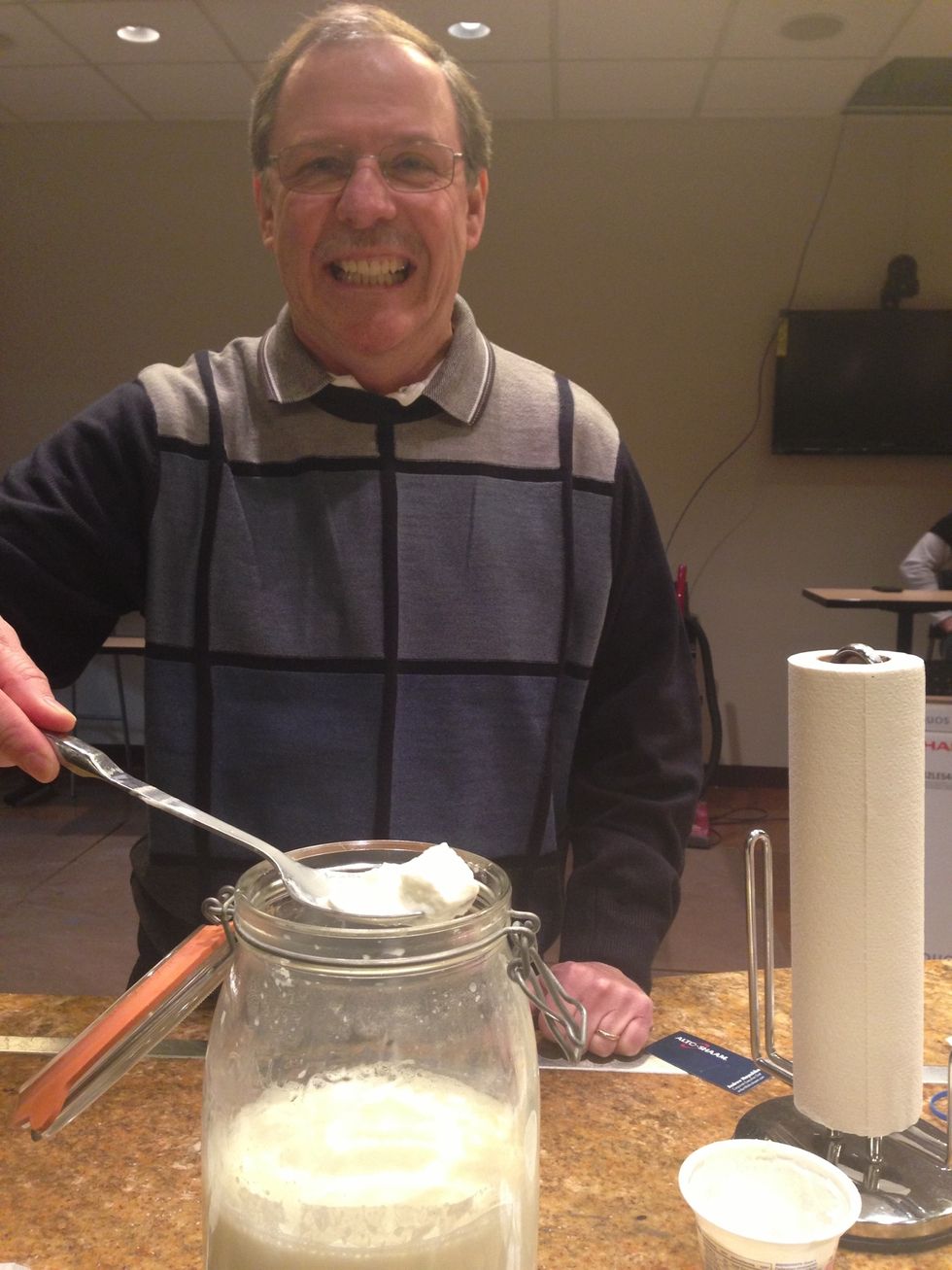 For 1/2 gallon of milk we added about 3 ounces of yogurt. It is very important that your yogurt has live culture. This is what makes the milk into yogurt.