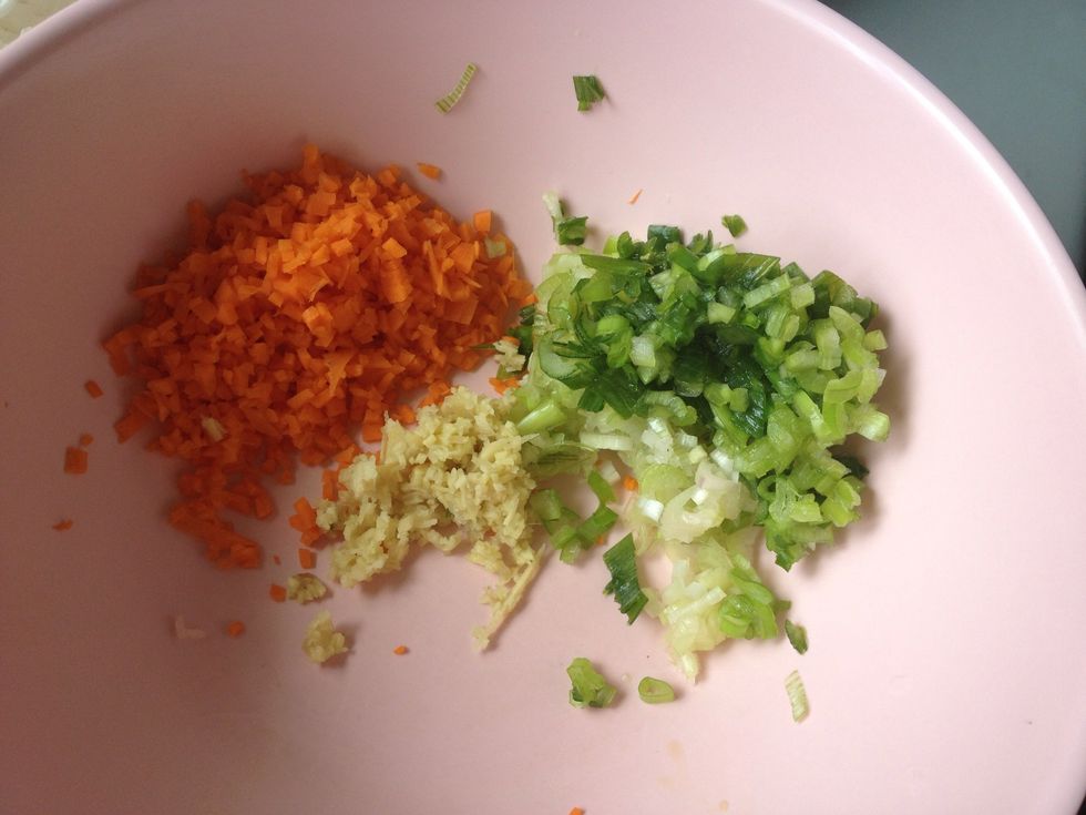 For 200 gram of minced meat, I use about 2 tablespoons of finely chopped carrots and spring onions, and about 1 tsp of gingers.