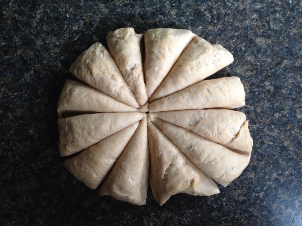 For a 6-8" tortilla, you'll want to divide the dough into 12 pieces. Cut the dough in half, then each of the halves in half, then each quarter into thirds.