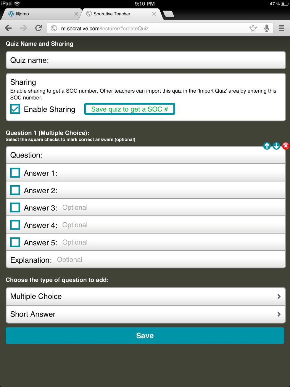 For a multiple choice question type in question and potential answers. Check the checkbox to the correct answer. The arrows allow for question rearranging and the red "x" is the delete button.