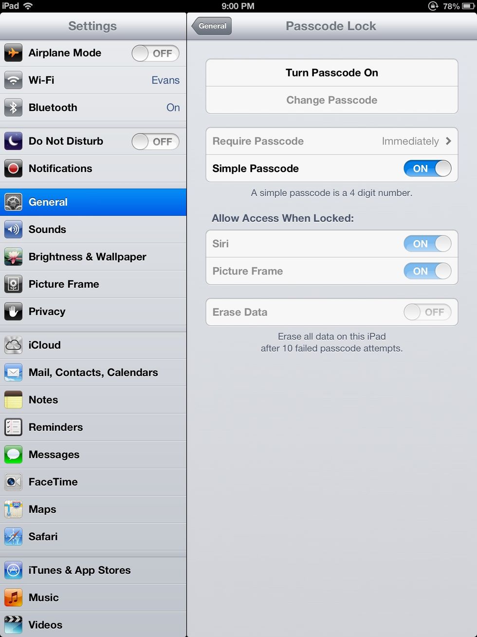 For a number passcode, slide the Simple Passcode option to ON, then hit the Turn Passcode On button and create your four digit passcode.