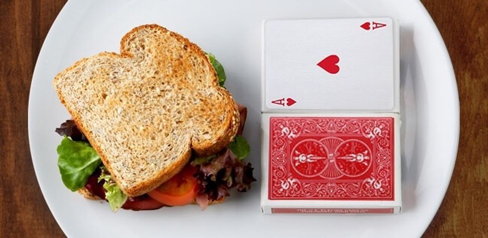 For a sandwich with meat and cheese the appropriate size should be the size and width of two decks of cards.