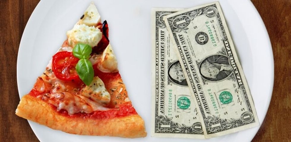 For a slice of pizza, it should be the size of two dollars.