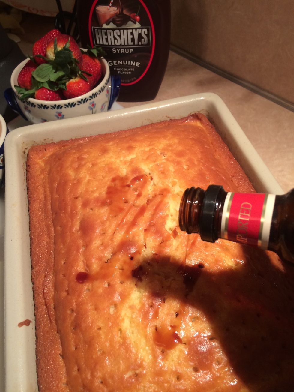 For a special touch, and after the cake has been in the refrigerator over night, soak the cake with your favorite coffee liquor and top with the fresh whipped cream.