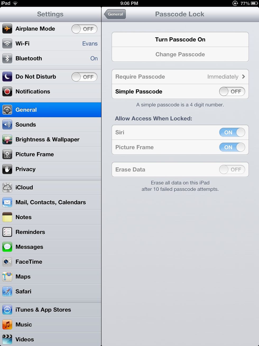 For a word passcode, slide the Simple Passcode option to OFF, and then hit the Turn Passcode On button.