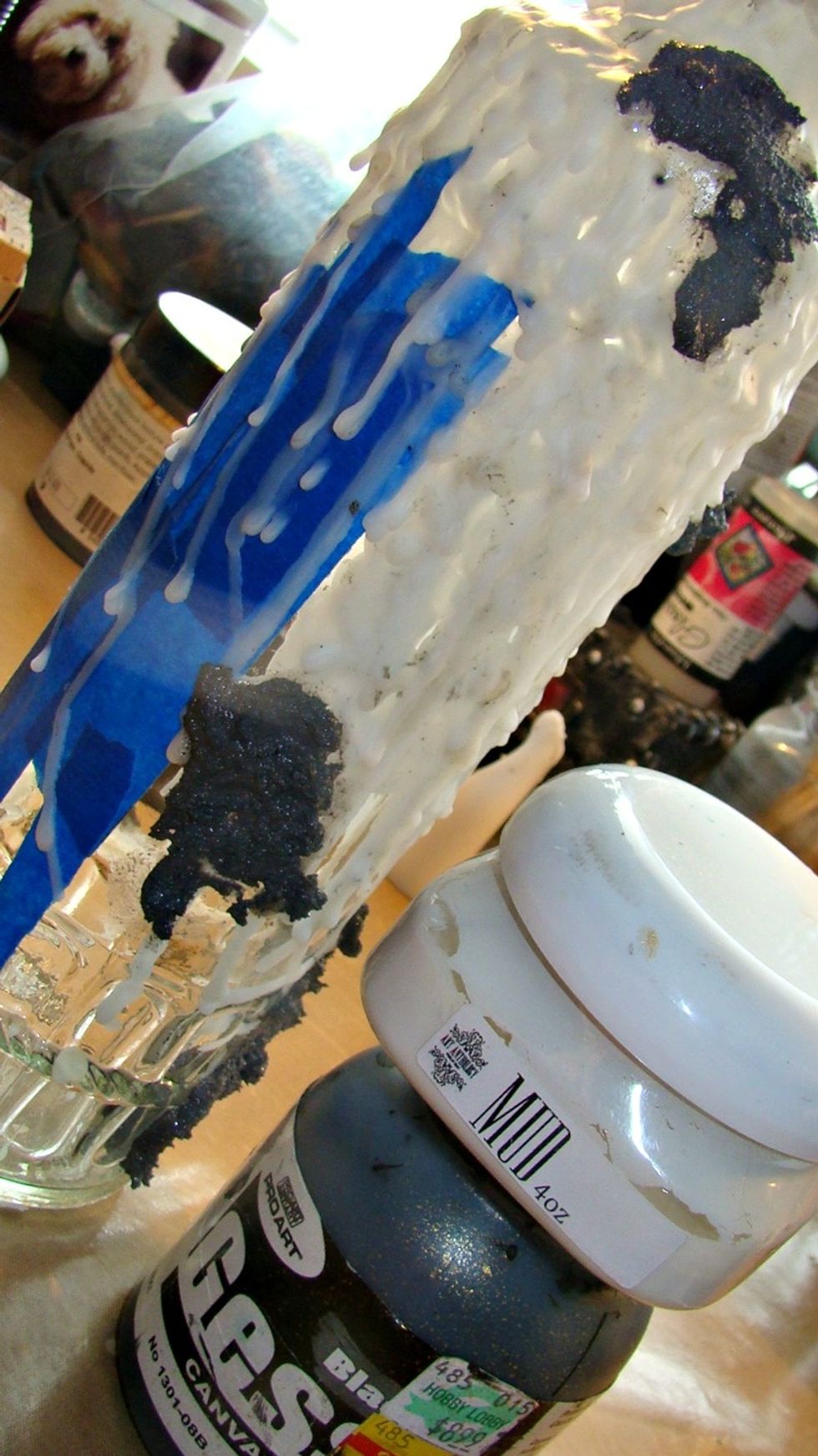 For added texture mix AA's Mud with black gesso and mix in some craft sand (purchased at $1.00 store) and put in globs here and there on bottle. Allow to dry.