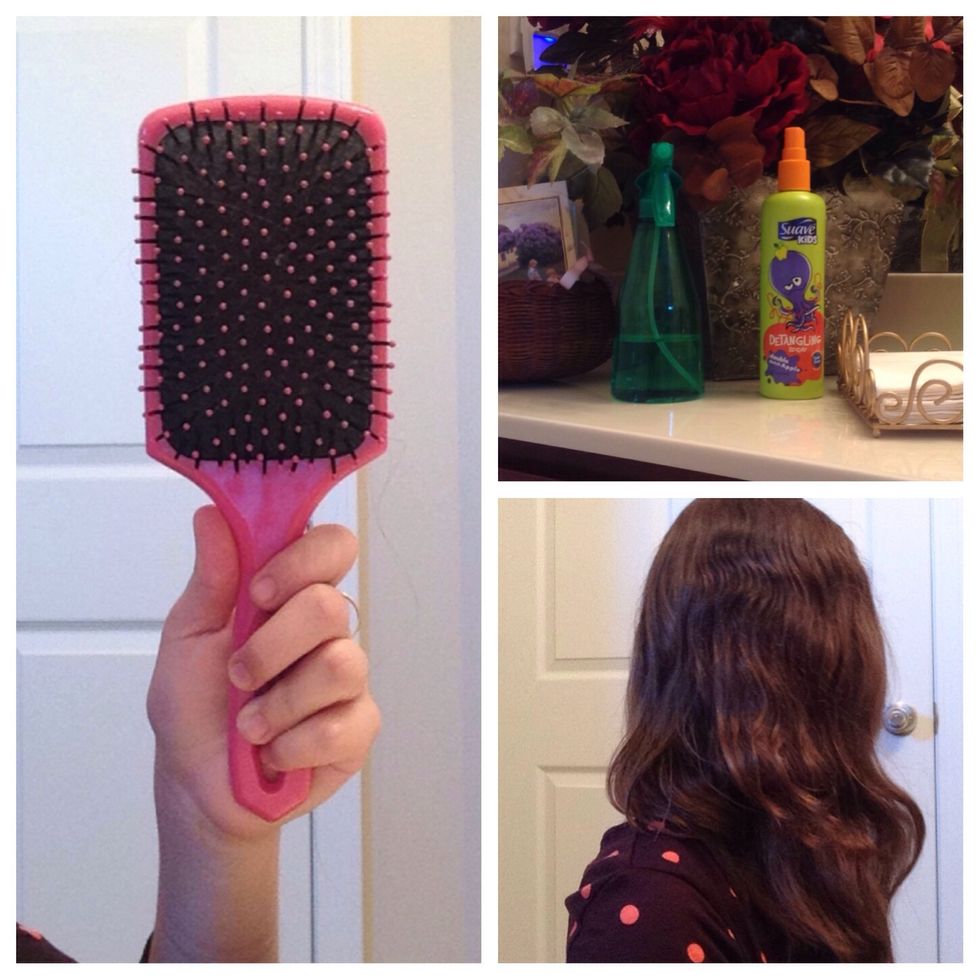 For all of these hairstyles start out by brushing your hair and dampening it a bit. Then, apply a conditioning mist or shine mist for that glossy hair look.