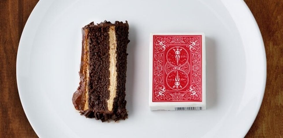 For dessert, a slice of chocolate cake it the size of a deck of cards.