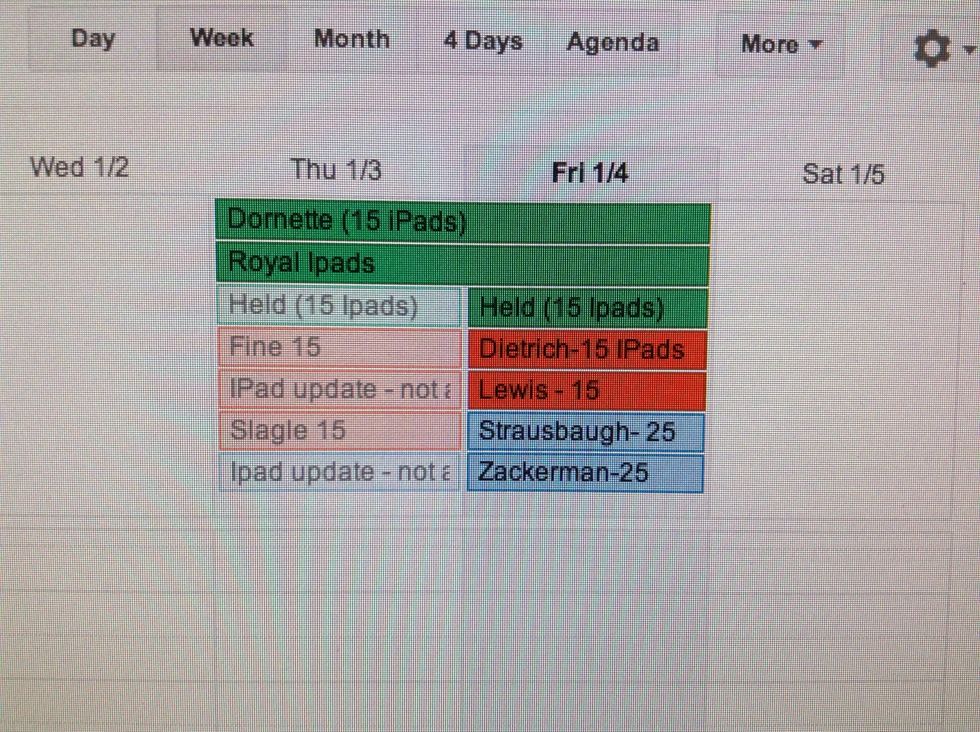 For each day, you will see who has already reserved iPads and how many they have reserved. Each building currently has 45 iPads (and growing!). Do some quick math to ensure you aren't over-booking.