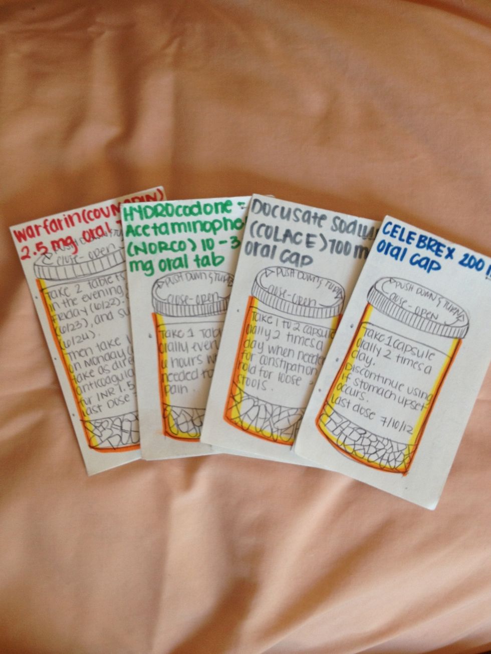 For each medication, she created an index card that had the name and dose on one side along with any relevant information. She used a different color felt pen for each pill.
