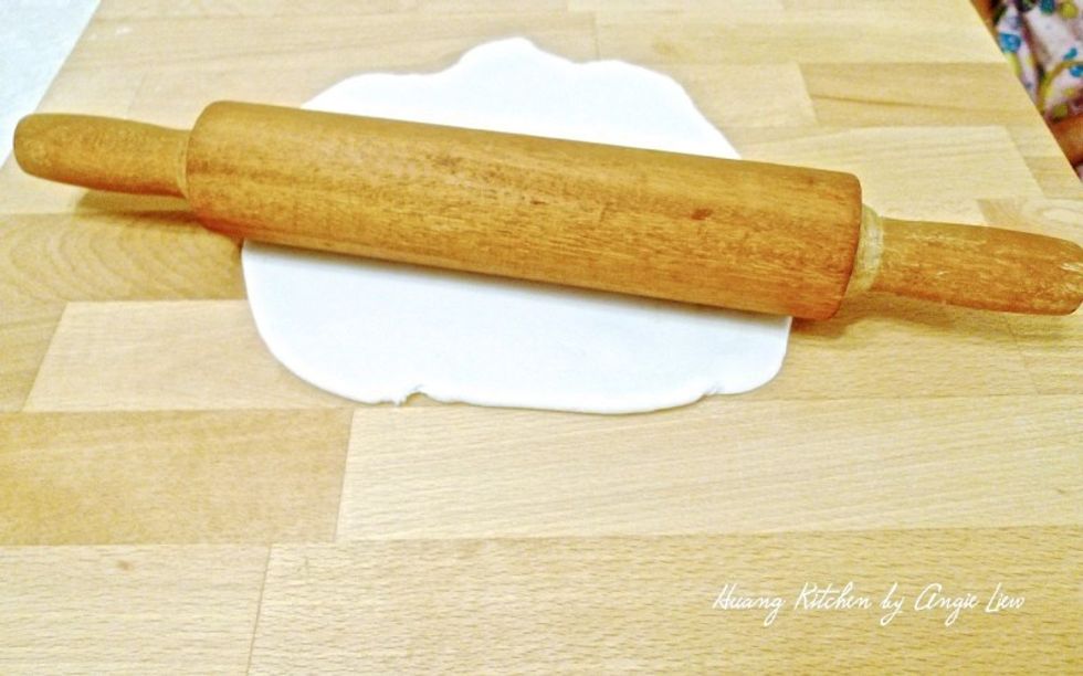 For each portion of dough, flatten into a thin sheet on the floured surface with a rolling pin.