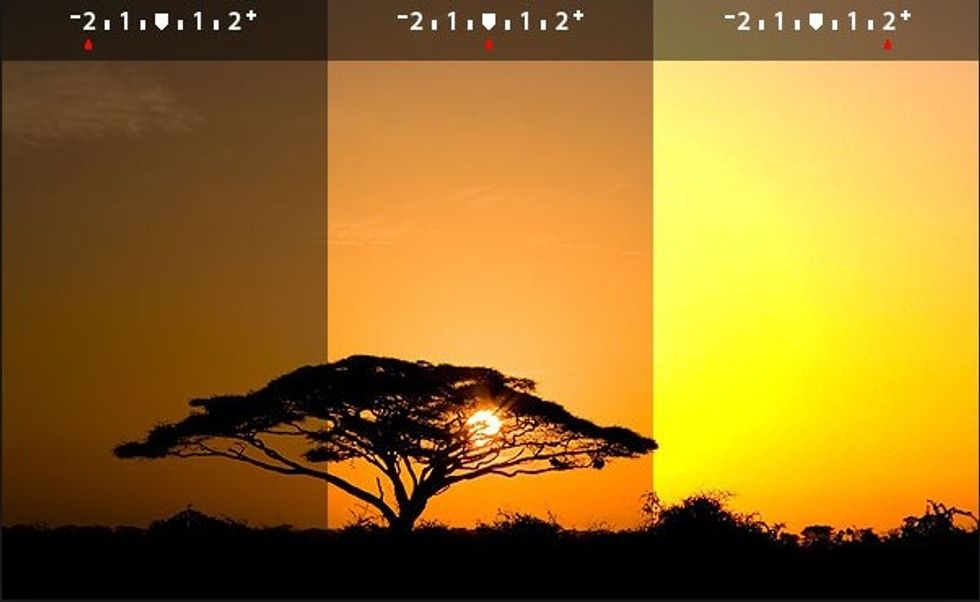 For example, here the same picture is broken into three different exposures. At the top of the page is the exposure meter reading. Each number on the meter represents one stop of difference.