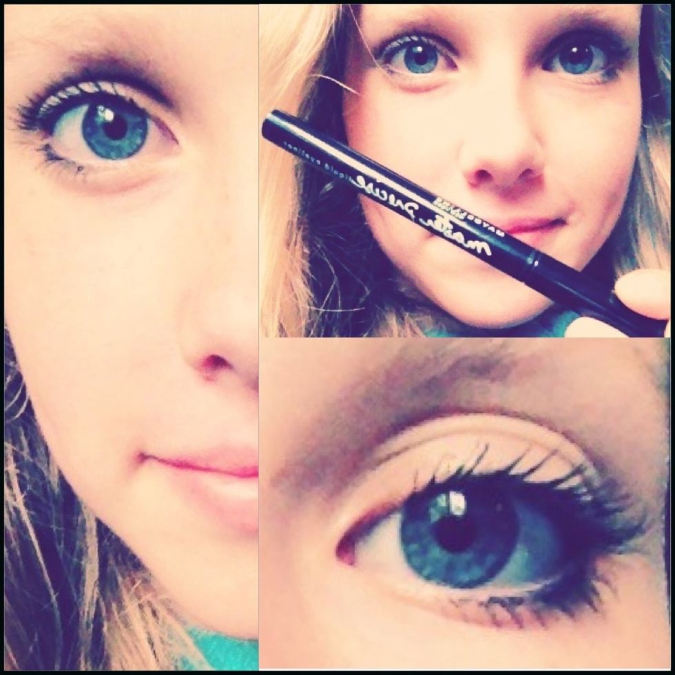 For eyeliner I used Maybeline master precise liquid eyeliner 0.4mm:) I covered some on the bottom and more on the top as shown NO CAT EYES!