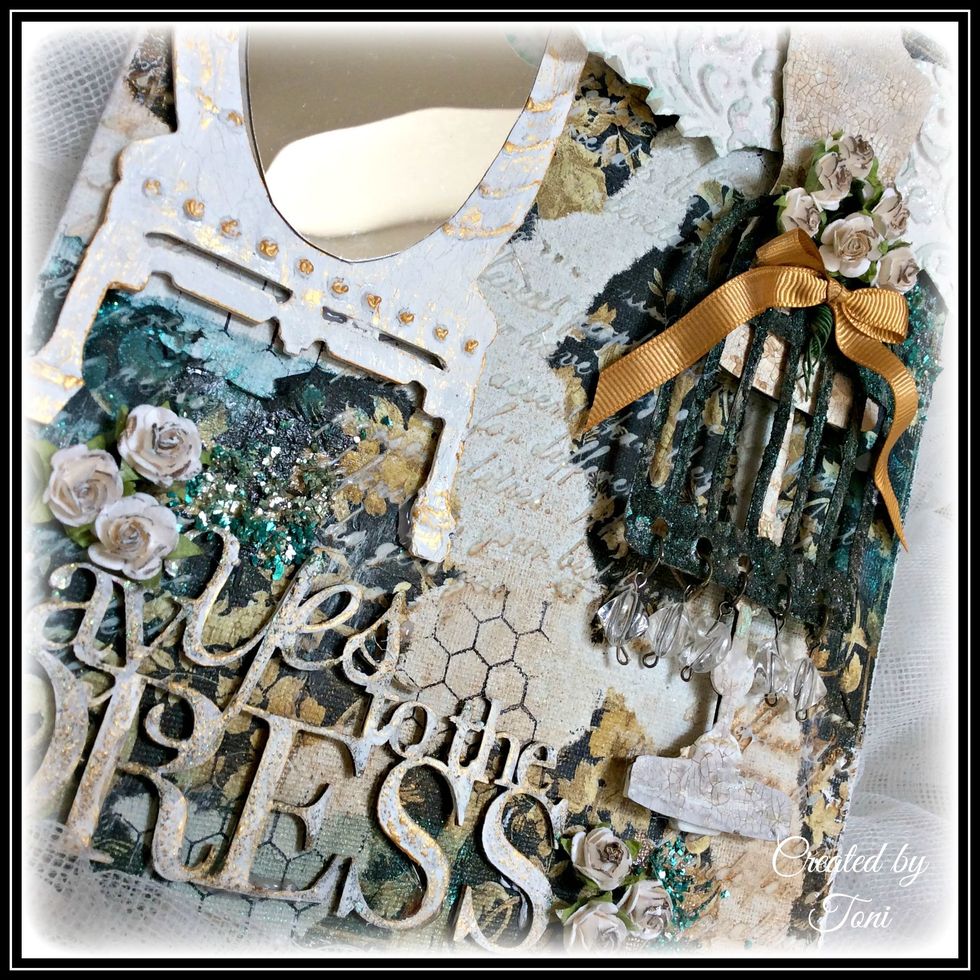 For finishing touch and sparkle use gel medium and add German Glass Glitter in random spots. Over time this glitter tarnishes and gives such a beautiful look to your projects.