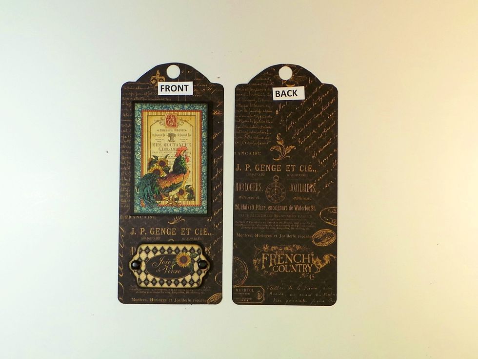 For Front, back Rooster Cut-Apart with chipboard cut in Step 2. Add brads to chipboard element and attach beneath rooster. The Back has no embellishments.