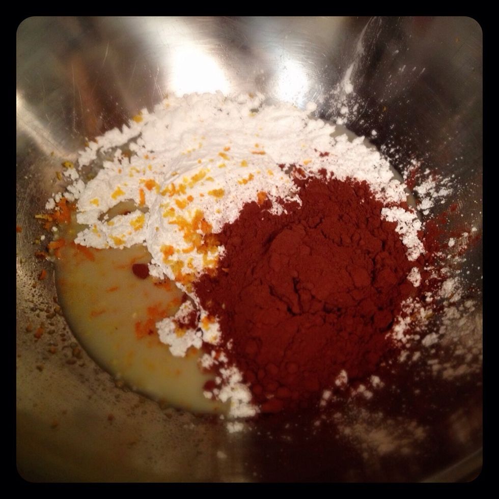 For frosting: combine 1/2 C. soft cream cheese, 2 C. powdered sugar, 1/2 T. orange juice, pinch of salt, 1/2 T. orange zest, and 1/4 C. coco powder.