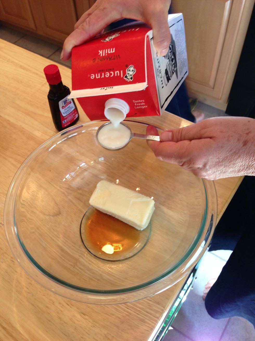 For frosting mix a teaspoon of vanilla with one stick of butter and a tablespoon of milk with powdered sugar