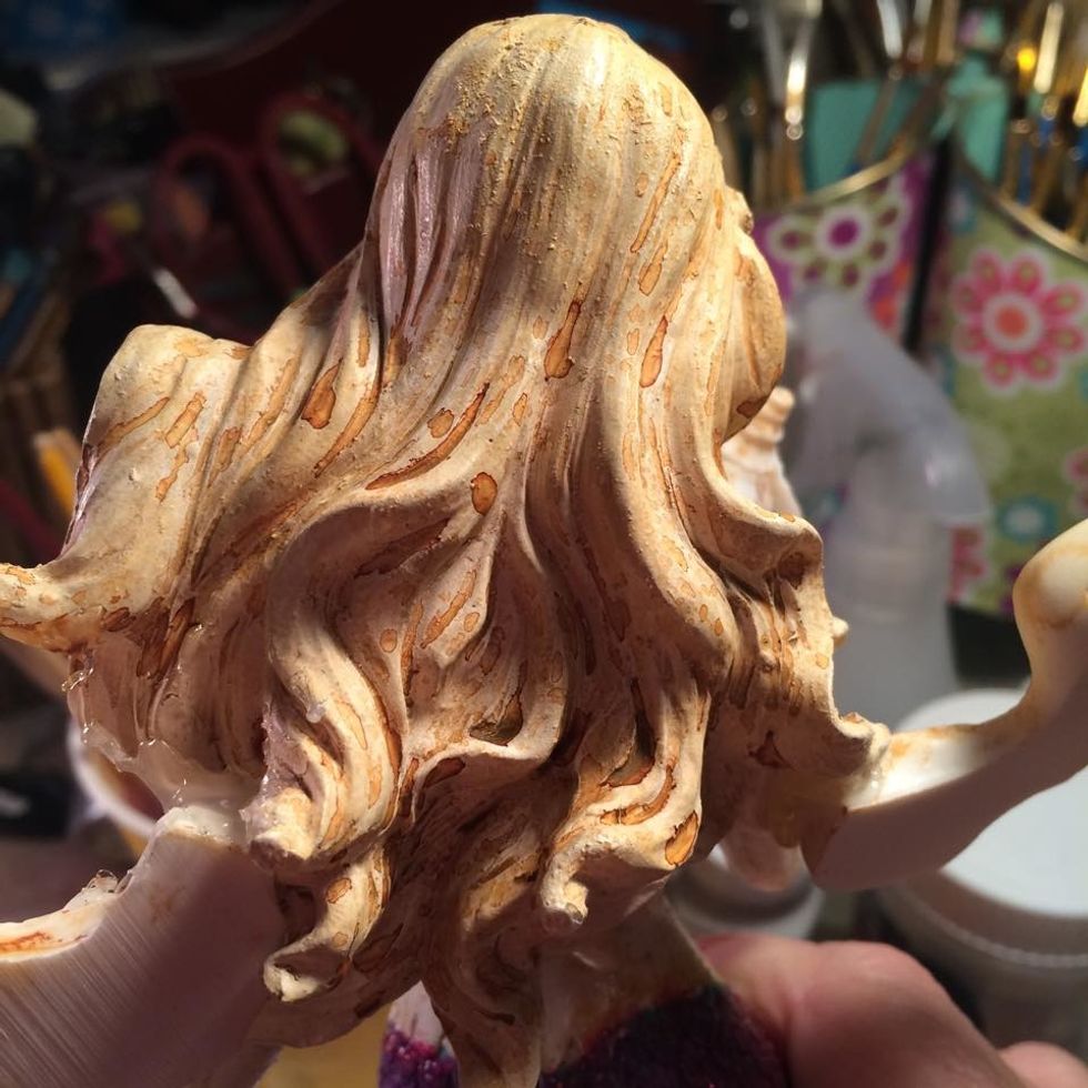 For her hair, again I misted with the Warm first, then Salted Caramel. Don't worry about the heavier spots, we will be misting more and it will all blend together.