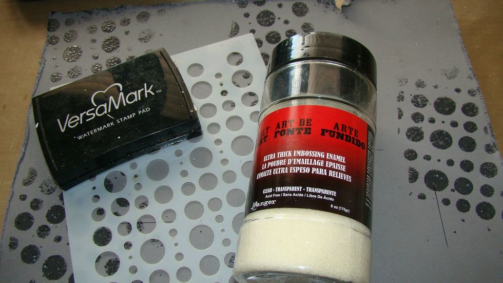 For interest to my gray cardstock I used Bubbles stencil and dabbed Versamark here and there, then applied UTEE and heat set for some watery bubbles on the background.