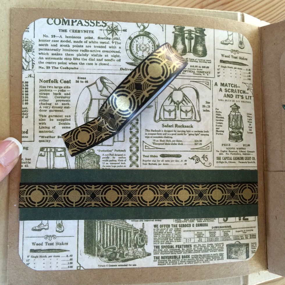 For next pages, glue a piece of paper on the page, then the stripe as a band and a piece of washi tape.