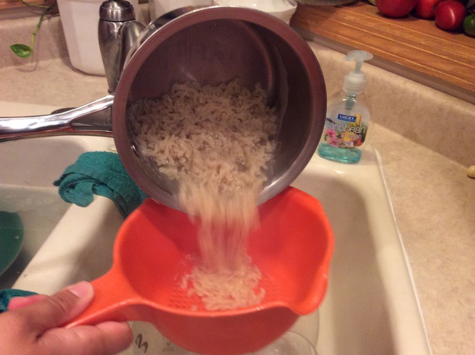 For noodles into colander and drain