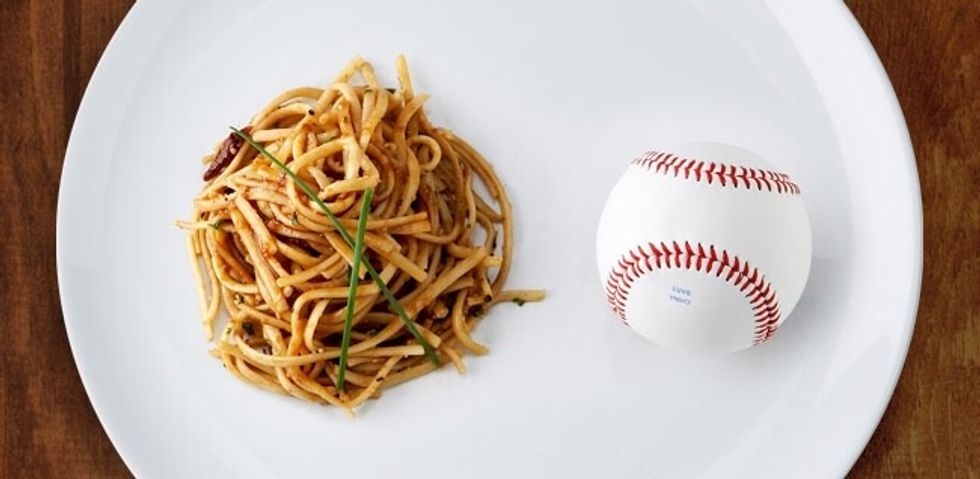 For pasta with vegetables and a sauce the perfect size is the portion size of a baseball.