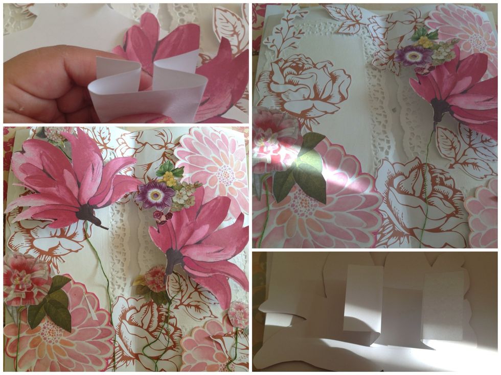 For pop out flowers cut a strip of paper (average 1/2-1inche by 3/4) fold as shown in the top left pic & glue down as shown in bottom right. Glue green string (thread) behind flowers for 'stem' look