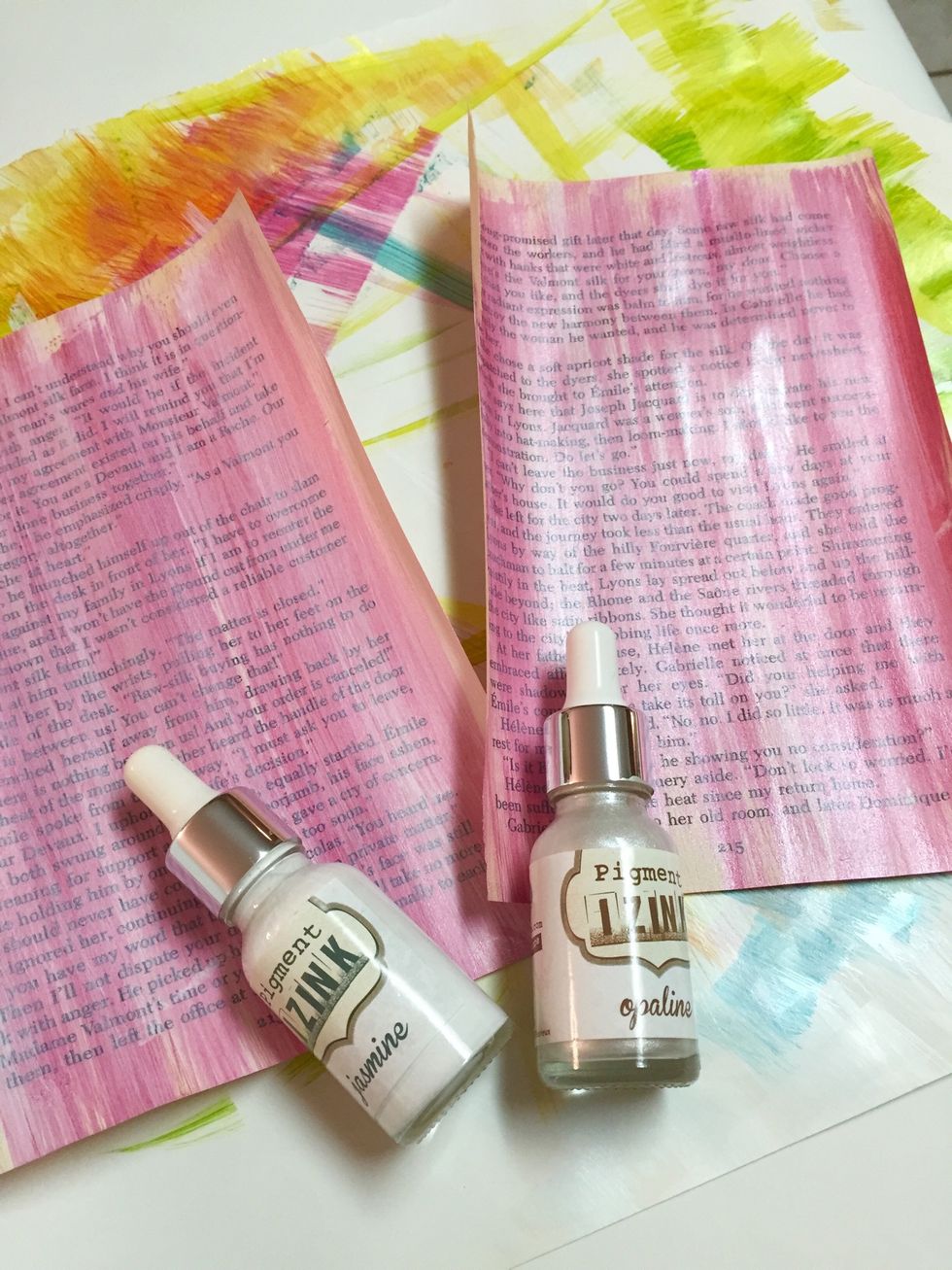 for some added variety in colors to help with shading, repaint 1 of each color of pages using Jasmine - which is an opaque white and 1 page using Opaline - which is sheer with shimmer.