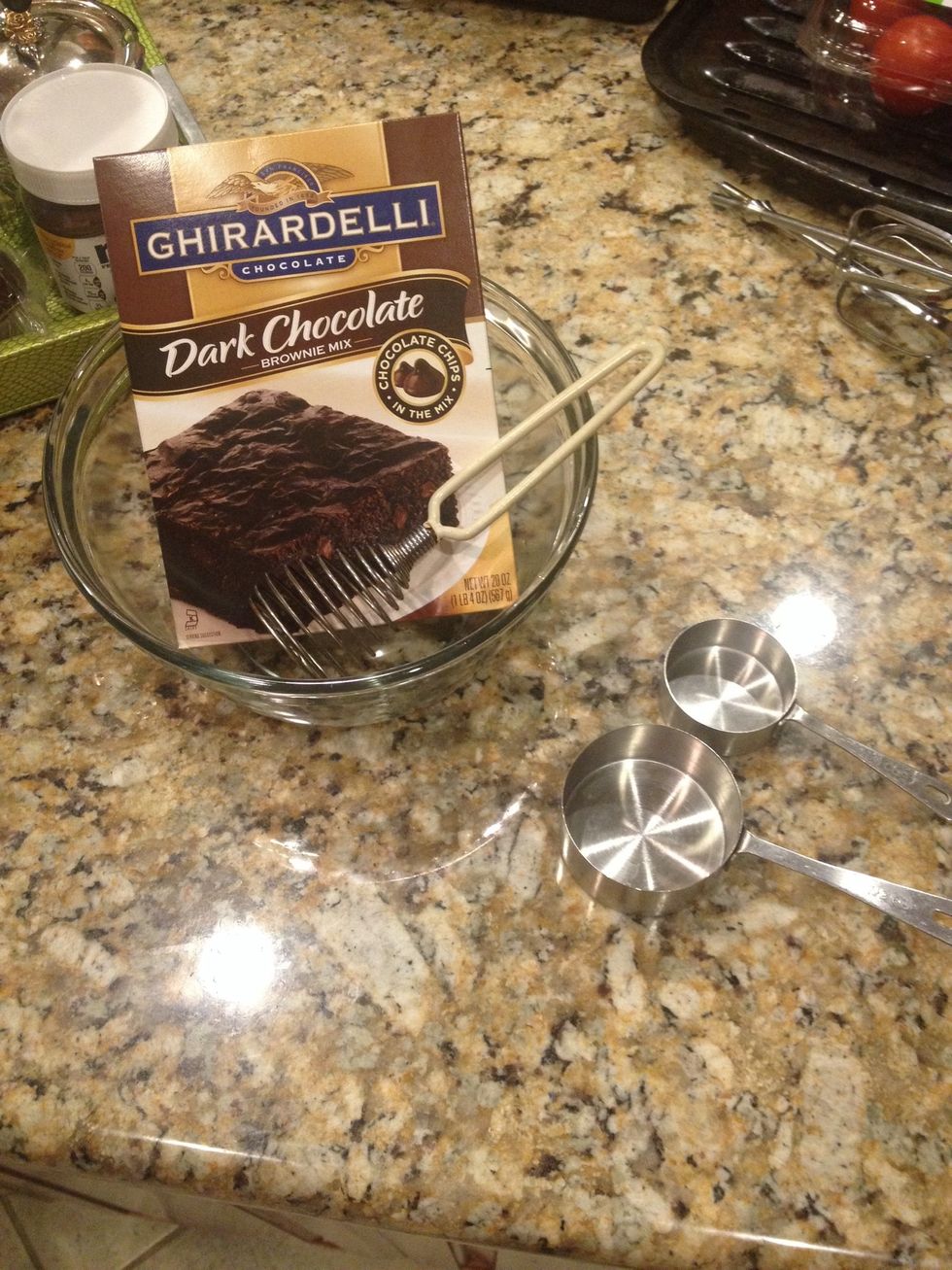 For supply you'll need brownie mix, medium size storing bowl, two measuring cups(1/2cup and 1/4cup), and a whisk