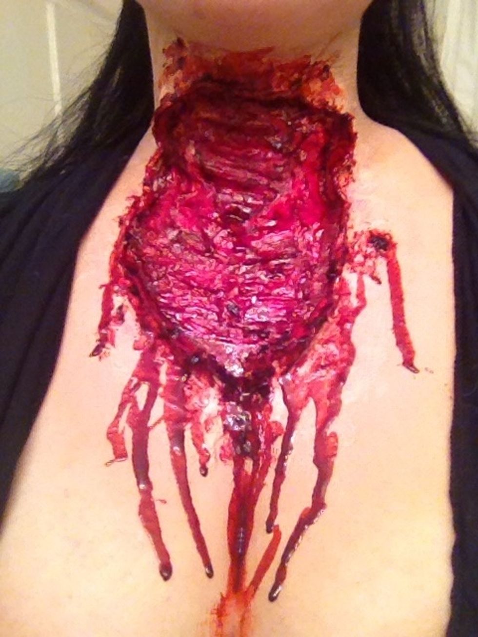 For that fresh torn look. You can really go crazy with this if ya want. It does dry after a while but still looks good! I like to drip mine down the wound!! The more real, the better!