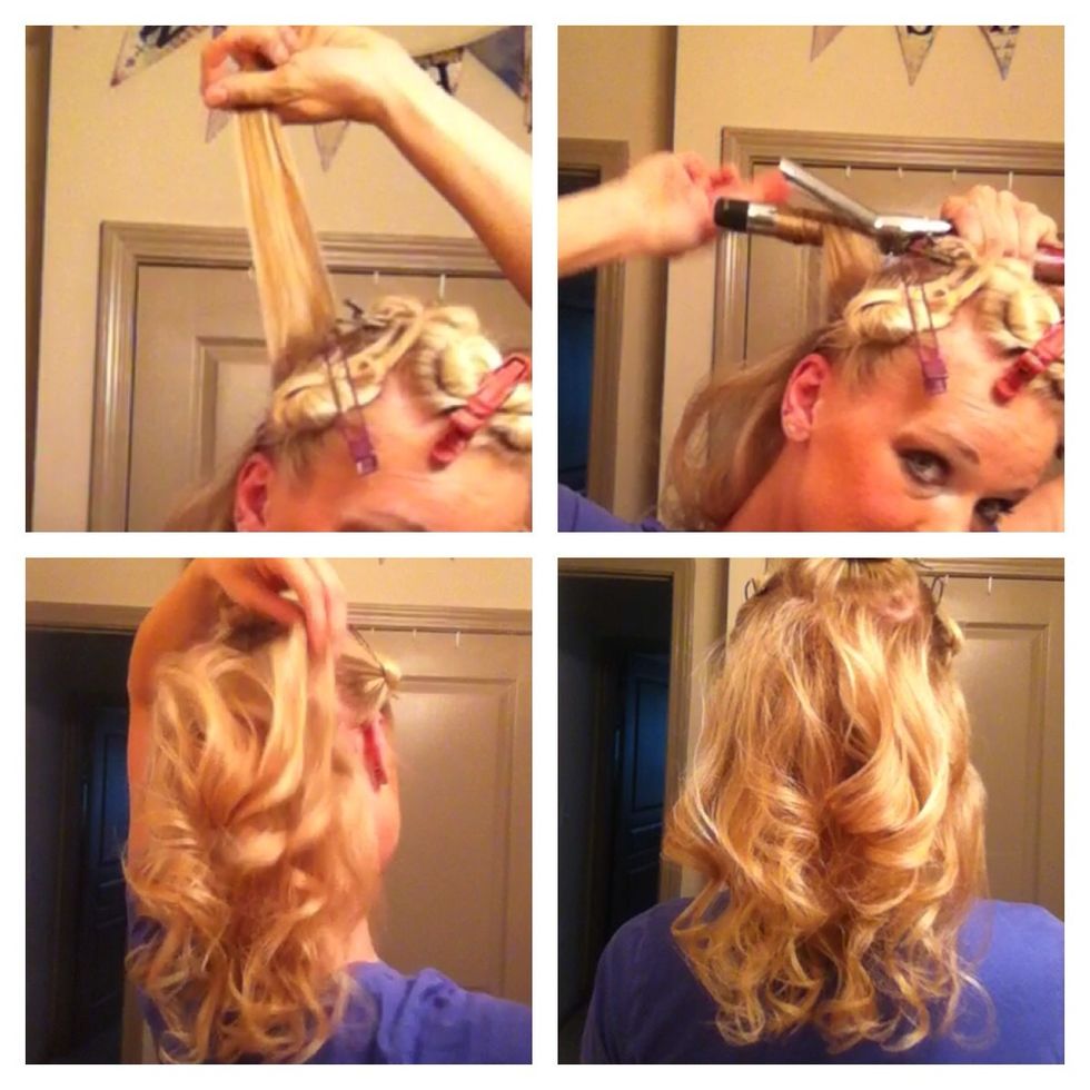 For the back and sides of your head, Curl 2" sections away from your face. Keep the end of the barrel pointed down. Fluff with your fingers and spray.