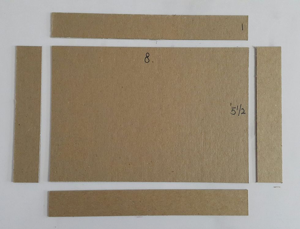 For the base drawer, cut chipboard 1pc 8"x5-1/2", 2pcs 1"x8" and 2pcs 1"x5-1/2"