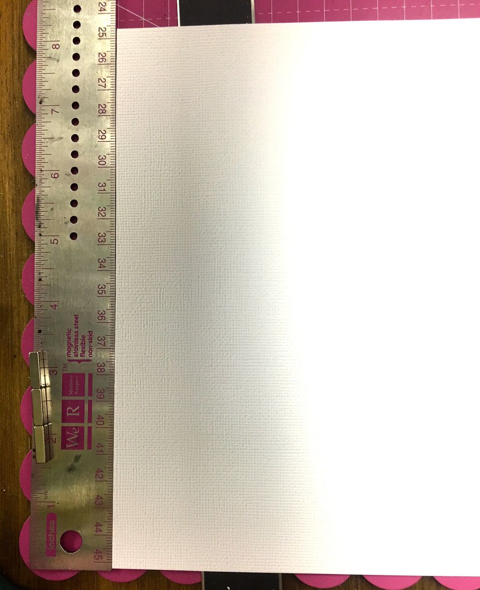 For the base of the card, cut a piece of white cardstock so it measures 8\u201d wide and 6\u201d long.