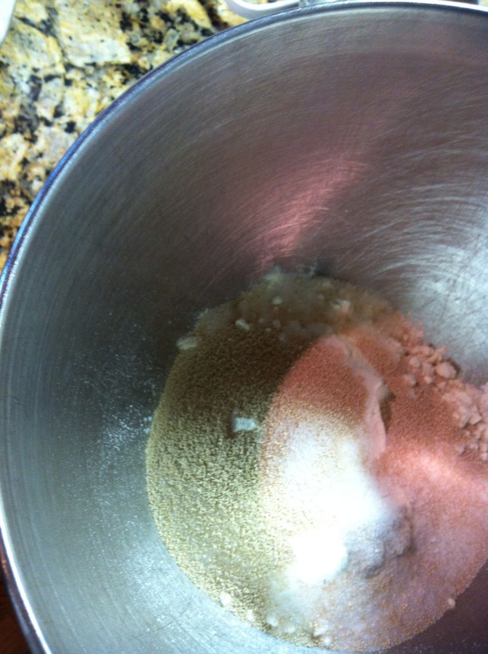 For the bread dough: in a mixer bowl add 2 c bread flour, a packet of yeast, dash of salt and 1/3 c sugar