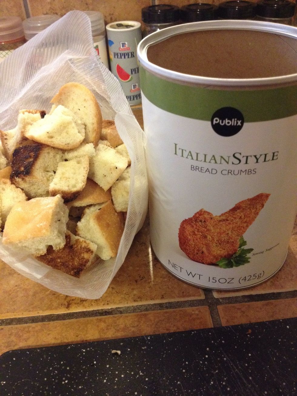 For the bread, you can use either toasted or stale bread pieces or commercial bread crumbs. I like to use both!