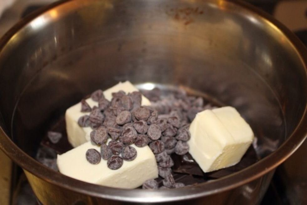 For the brownies, put in a medium saucepan 3/4 of the semisweet chocolate chips, the butter, and the unsweetened chocolate and melt on low heat.