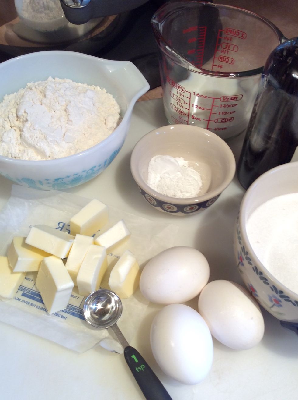 For the butter cake, I have gathered; 1 stick butter, 1 cup sugar, 3 eggs, 1 tsp. vanilla, 2 cups all purpose flour, 1 teaspoon baking powder and 3/4 cup milk.