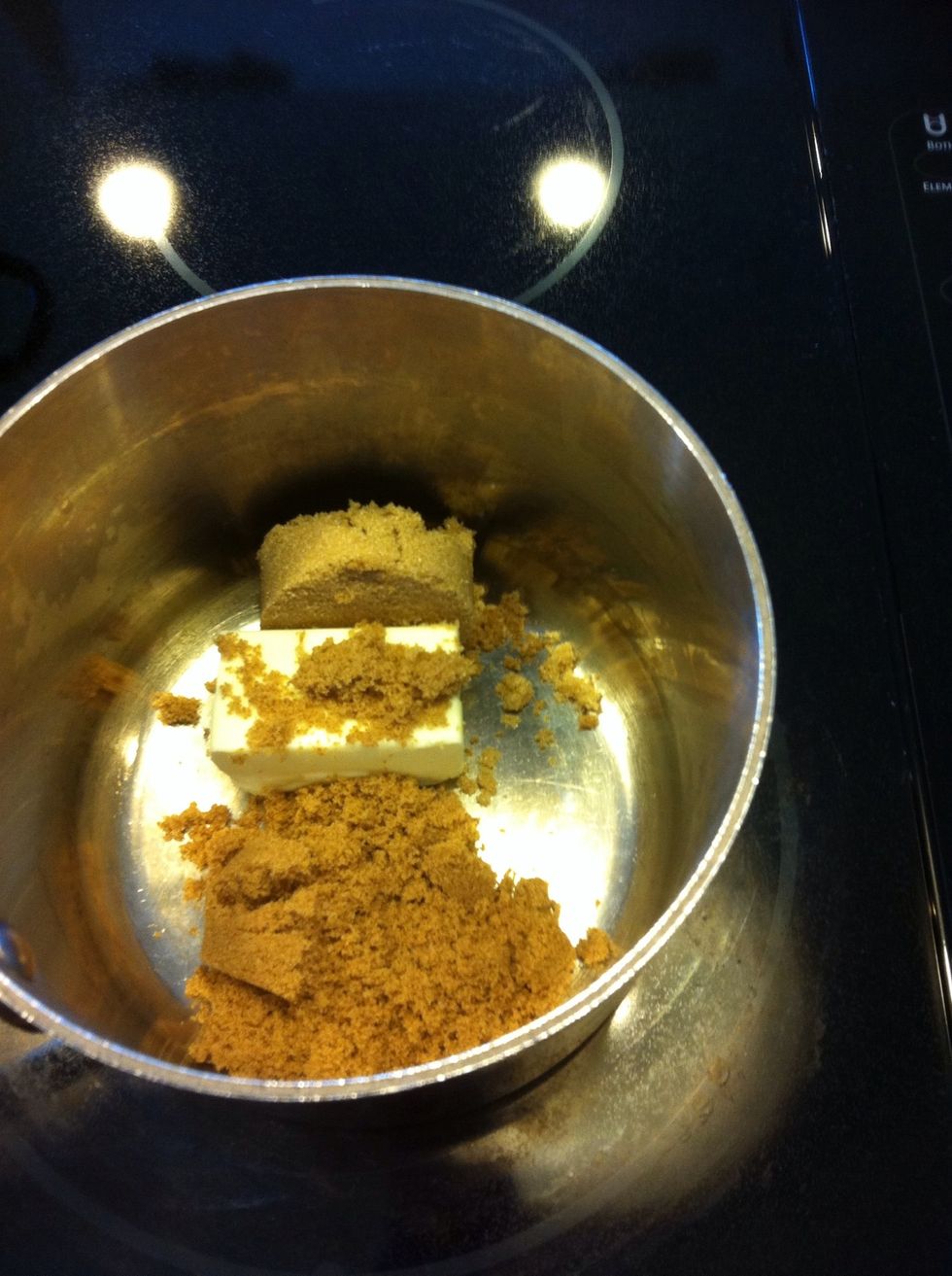 For the caramel glaze frosting: in a small cooker add 4 TB butter, 1/4 c brown sugar and 1/4 c DARK brown sugar. Let this come to a gentle boil over low heat