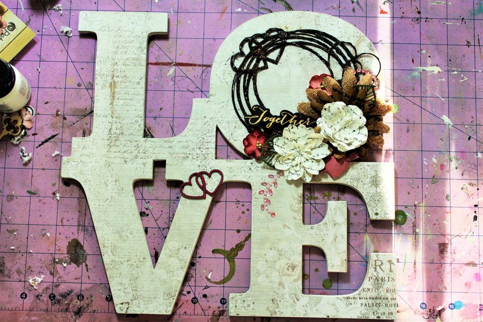 For the circle chipboard piece I used some black dimensional paint from a previous kit and then sprinkled some bronze embossing powder, hit it with the embossing gun. Then layered the flowers.