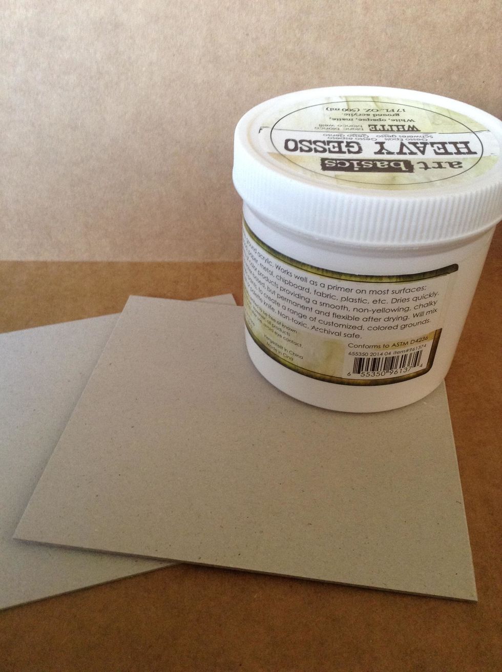 For the covers cut four pieces (three for front cover and one for back cover) of sturdy mat or chipboard to 7 x 4 1/2 inches, appy gesso to ONE piece of chipboard.