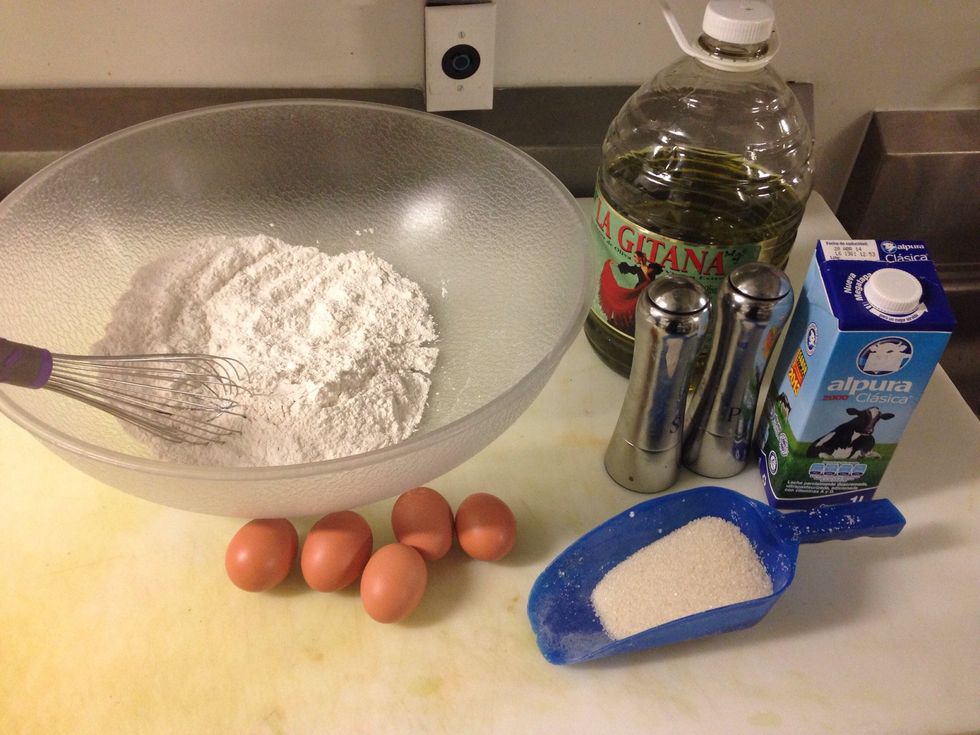 For the crepes get flour, eggs, milk, olive oil or butter, salt and sugar, mix all together, it has to be between thick and thin, I'm clear?