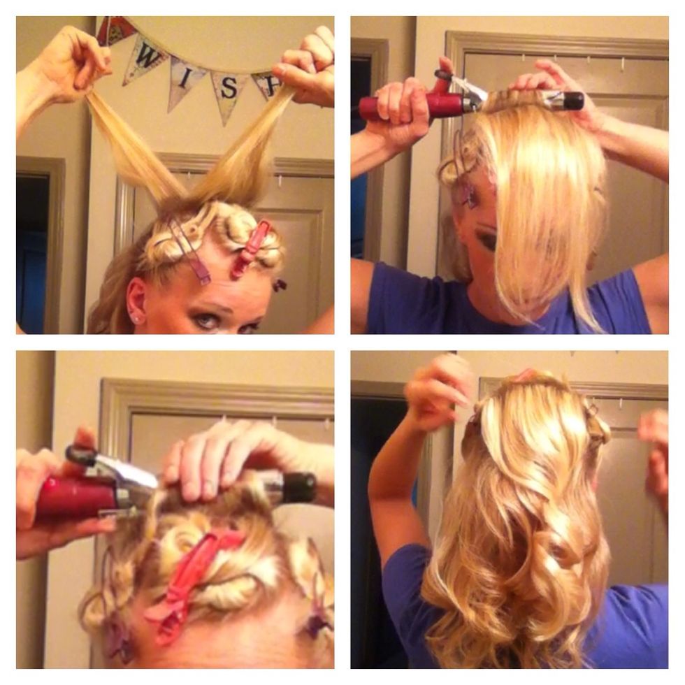 For the crown of your head keep barrel horizontal and curl away from your face. Fluff with your fingers and spray.