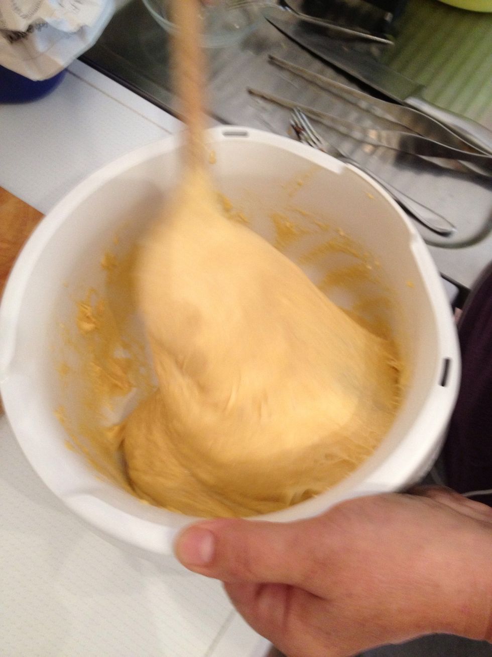 For the dough combine flour, eggs and salt. Beat really thoroughly with a wooden spoon
